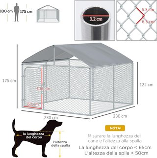 Box per Cani da Esterno, Recinto per Animali, Box per Cani da Esterno con Tetto Impermeabile, 230X230X175Cm, Argento