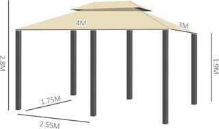 Gazebo de Jardín 3X4 M Con Cortinas y Techo de 2 Niveles en Acero y Poliéster, Blanco Crema