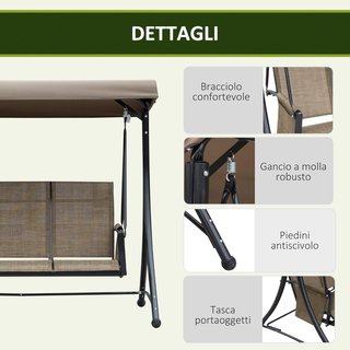 Dondolino da Giardino a 3 Posti con Tetto Regolabile e Tasche Marrone 196X128X172Cm