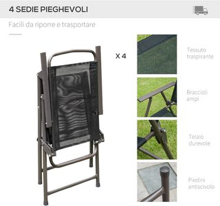 Set di mobili da giardino in tubi d'acciaio 6 pz con tavolo, sedia e ombrellone nero