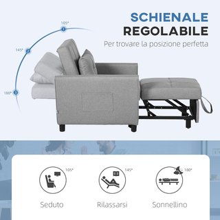 Sofá Cama Individual Con Respaldo Reclinable En 3 Niveles, 2 Ruedas Y Cojín, Sofá Cama Individual Plegable Para Sala De Estar En Tejido Efecto Lino Y Madera, 69X82X85Cm, Gris Claro