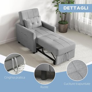 Sofá Cama Individual Con Respaldo Reclinable En 3 Niveles, 2 Ruedas Y Cojín, Sofá Cama Individual Plegable Para Sala De Estar En Tejido Efecto Lino Y Madera, 69X82X85Cm, Gris Claro
