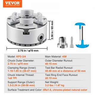 KP2-3/4 Chuck de Torno, 4 Garras, Diámetro de 2.75", Accesorios para Máquinas de Torno, Herramienta de Auto-Centrado, para Torno, Maquinado de Precisión, Máquinas de Rectificado, Máquinas de Fresado