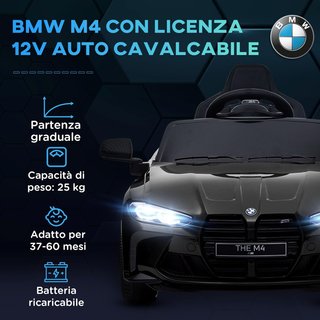 Coche Eléctrico para Niños 3-5 Años 12V con Licencia BMW M4, 3-5Km/H Coche Eléctrico para Niños Con 2 Motores, Suspensión, Control Remoto 2.4G, Claxon y Faros, en PP y Metal, Negro