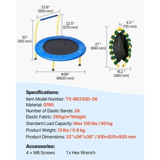 Trampolín de 91.4 cm para Niños, Trampolines de 91.4 cm para Interiores/Exteriores para Niños Pequeños, Trampolín Mini Plegable con Mango de Espuma, Regalo de Cumpleaños Recreativo para Niños de 3...