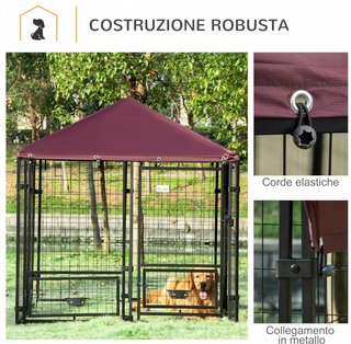 Recinto per Cani da Esterno, Box per Animali in Acciaio con Serratura, 2 Ciotole Girevoli e Copertura in Tela Oxford, Box Nero e Rosso