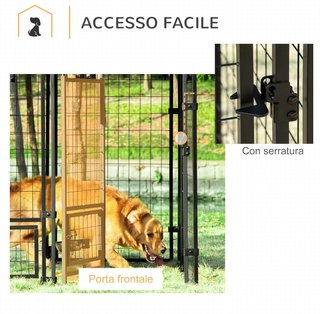 Recinto per Cani da Esterno, Box per Animali in Acciaio con Serratura, 2 Ciotole Girevoli e Copertura in Tela Oxford, Box Nero e Rosso