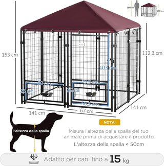 Recinto per Cani da Esterno, Box per Animali in Acciaio con Serratura, 2 Ciotole Girevoli e Copertura in Tela Oxford, Box Nero e Rosso