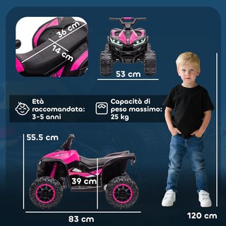 Cuatrimoto Eléctrica para Niños 12V ATV, Coche Eléctrico Con Doble Motor y 2 Velocidades, Ruedas Anchas Con Faros LED, Claxon y Música, Edad 3-5 Años, Rosa