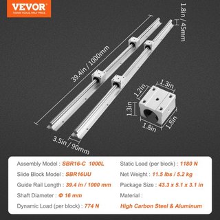 Conjunto de Rieles Guía Lineales, 2 PCS 39.4 in/1000 mm Rieles Guía SBR16 y 4 PCS Bloques Deslizantes SBR16UU, SBR16 1000mm, Kit de Rieles Lineales y Rodamientos para Máquinas Automatizadas Proyec...