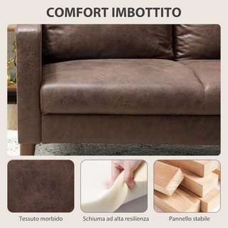 Divano a 2 posti con rivestimento in tessuto effetto pelle traspirante, cuscini e piedi in gomma di legno, divano compatto con braccioli per soggiorno, 130X78X85 cm, marrone scuro