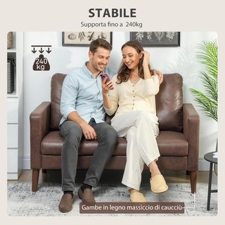 Divano a 2 posti con rivestimento in tessuto effetto pelle traspirante, cuscini e piedi in gomma di legno, divano compatto con braccioli per soggiorno, 130X78X85 cm, marrone scuro