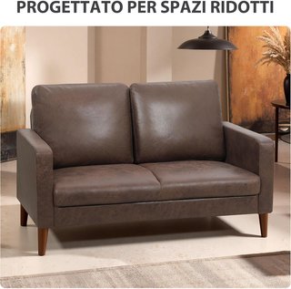 Divano a 2 posti con rivestimento in tessuto effetto pelle traspirante, cuscini e piedi in gomma di legno, divano compatto con braccioli per soggiorno, 130X78X85 cm, marrone scuro