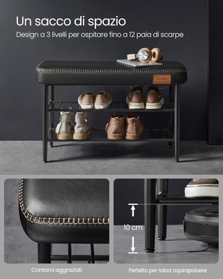 Collezione EKHO - Banco scarpiera, Banco ingresso e camera da letto, Imbottitura in PU con cuciture, Moderno di metà secolo, Capacità 135 Kg, 30 X 80 X 50 Cm, Nero Tinta LSB054B01
