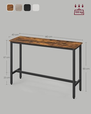 Tavolo da Bar Rettangolare Stretto, Tavolo Cucina, Tavolo da Pranzo, Struttura in Metallo, 40 X 140 X 90 Cm, Facile da Montare, Design Industriale, Marrone Vintage e Nero Tinta LBT140B01