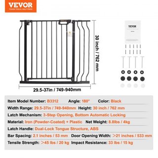 Puerta para Bebés, 29.5"-37" Extra Ancha, 30" Alta, Puerta para Perros para Escaleras, Puertas y Casa, Puerta para Niños de Fácil Paso con Cierre Automático, Puerta de Seguridad para Mascotas con ...