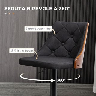 Set di 2 Sgabelli da Bar Girevoli per Cucina e Soggiorno, Sgabelli Moderni con Altezza Regolabile in Tessuto Traspirante, 47.5X50X93.5-116 Cm, Nero e Noce