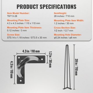 Patas de Mesa Hairpin 0.7M, Juego de 4 Patas de Escritorio 408.2KG de Capacidad de Carga, Patas de Escritorio Hairpin de 3 Varillas para Sillas de Escritorio, Banco, Mesa de Comedor, Patas de Mueb...