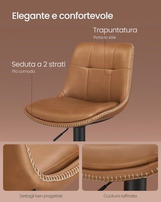Set di 2 Sgabelli da Bar, Sedie Girevoli Regolabili in Altezza, Imbottitura in PU, Sedie da Cucina con Schienale e Poggiapiedi, Sala da Pranzo, Barra, Acciaio, Marrone Caramello LJB095K01