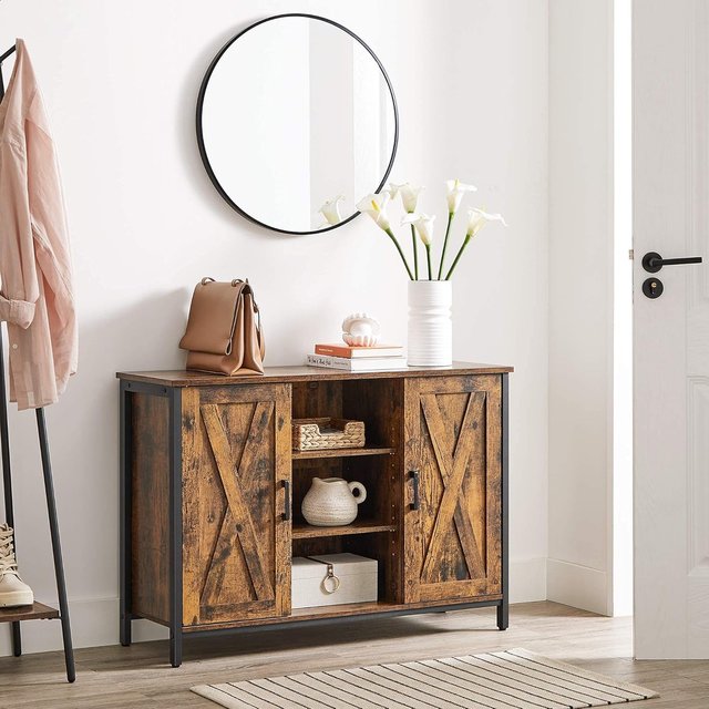 Móvel de Cozinha, Credenza, Armário com Compartimentos Fechados e Prateleiras, Portas Estilo Celeiro, para Cozinha, Sala de Estar, Entrada, Industrial, Marrom Vintage e Preto