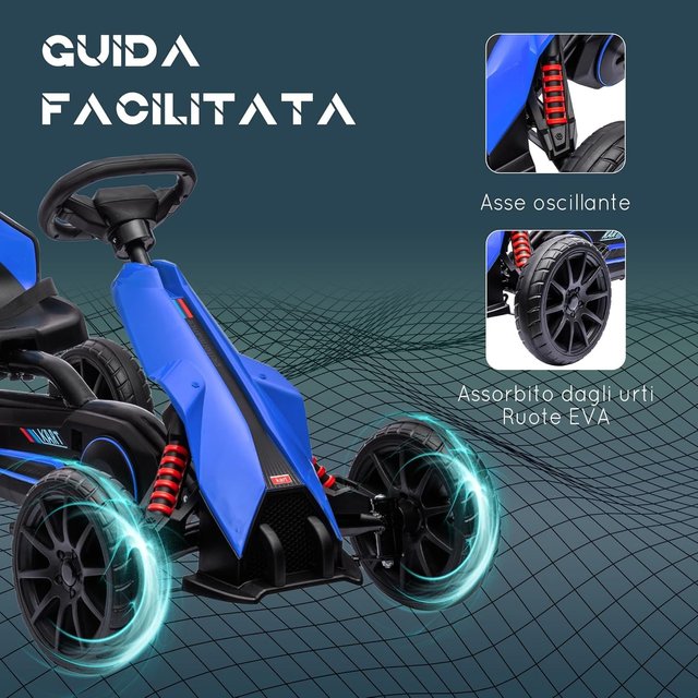 Go Kart a Pedali para Crianças de 3-8 Anos com Assento Ajustável em 4 Posições e Rodas de EVA, 100X58X58.5 Cm, Azul e Preto