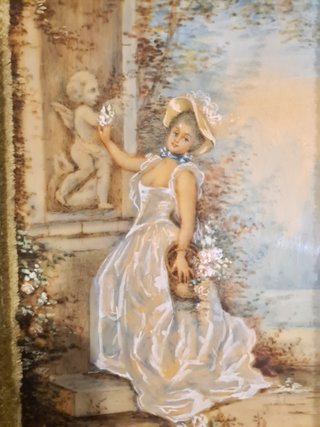Miniatura olio su tela dama con fiori