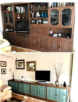 Mueble de salón clásico madera y cristal