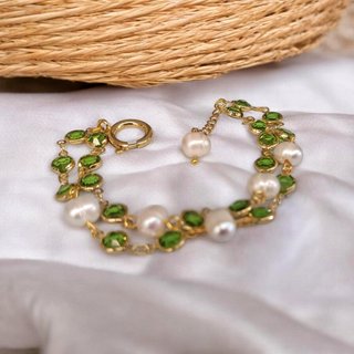 Bracciale Peridoto Verde e Perle Fiume Oro