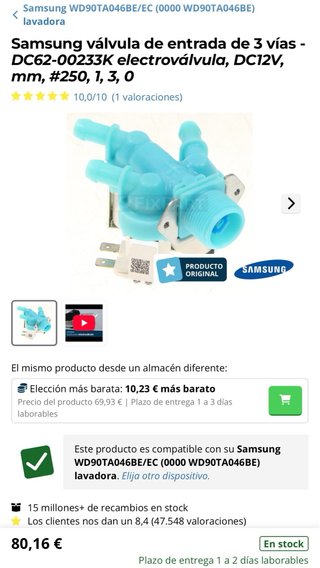 Electrovalvula 3 vias lavadora/secadora samsung