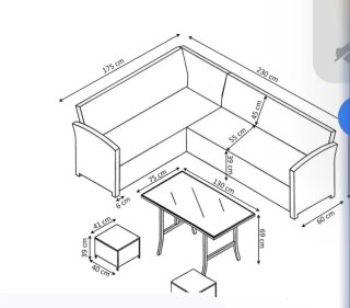 Divano ad Angolo in Rattan con Tavolo e 2 Pouf Grigi