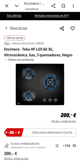 Placa de gas Teka 3 fuegos