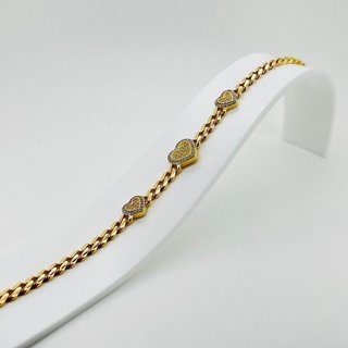 PULSERA BARBADA 3 CORAZONES Y CIRCONITAS. Oro 18k