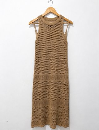 Vestido largo punto calado beige M