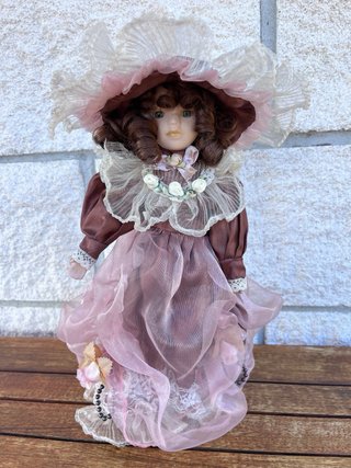 Muñeca Porcelana Vintage Vestido Rosa