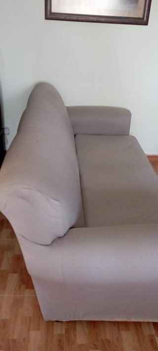 Sofá 2 plazas con funda beige y azul