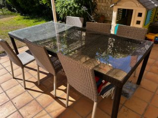 Mesa y 6 Sillas Jardín Cristal y Ratán