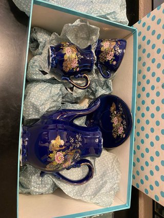 Juego de té oriental azul y dorado