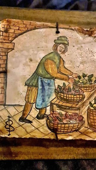 Quadro Antico Mestieri Fruttivendolo Legno Pietra