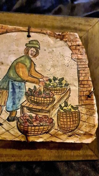 Quadro Antico Mestieri Fruttivendolo Legno Pietra