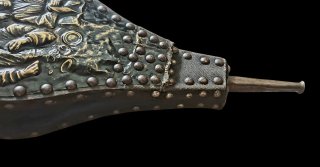 Antico soffietto mantice da camino in bronzo