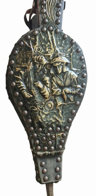 Antico soffietto mantice da camino in bronzo
