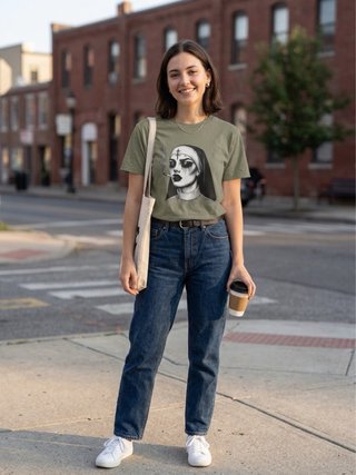 Camiseta verde militar con estampado de monja.