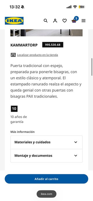 Puerta armario PAX espejo IKEA 50x195cm KAMMARTORP
