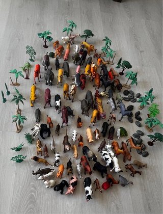 100 animales de la selva, rocas y árboles