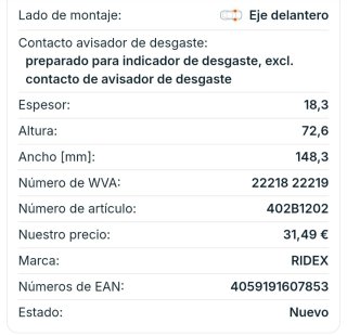 Juego Pastillas Freno RIDEX Peugeot