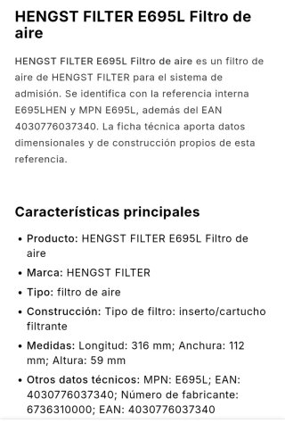 Filtro de aire HENGST E695L