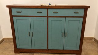 Mueble de entrada madera marrón y turquesa