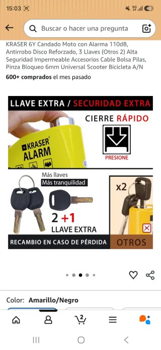 Candado de disco KRASER ALARM amarillo