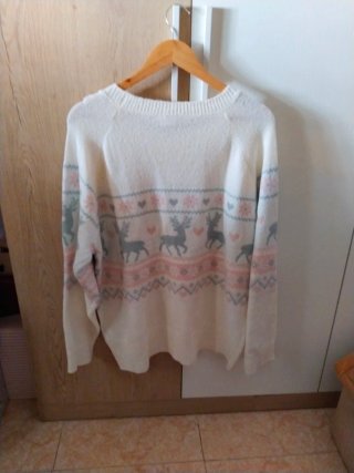 Jersey Lana Mujer XL Blanco y Rosa Ciervos