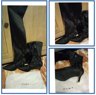 Botas altas Zara negras bordadas, tela raso